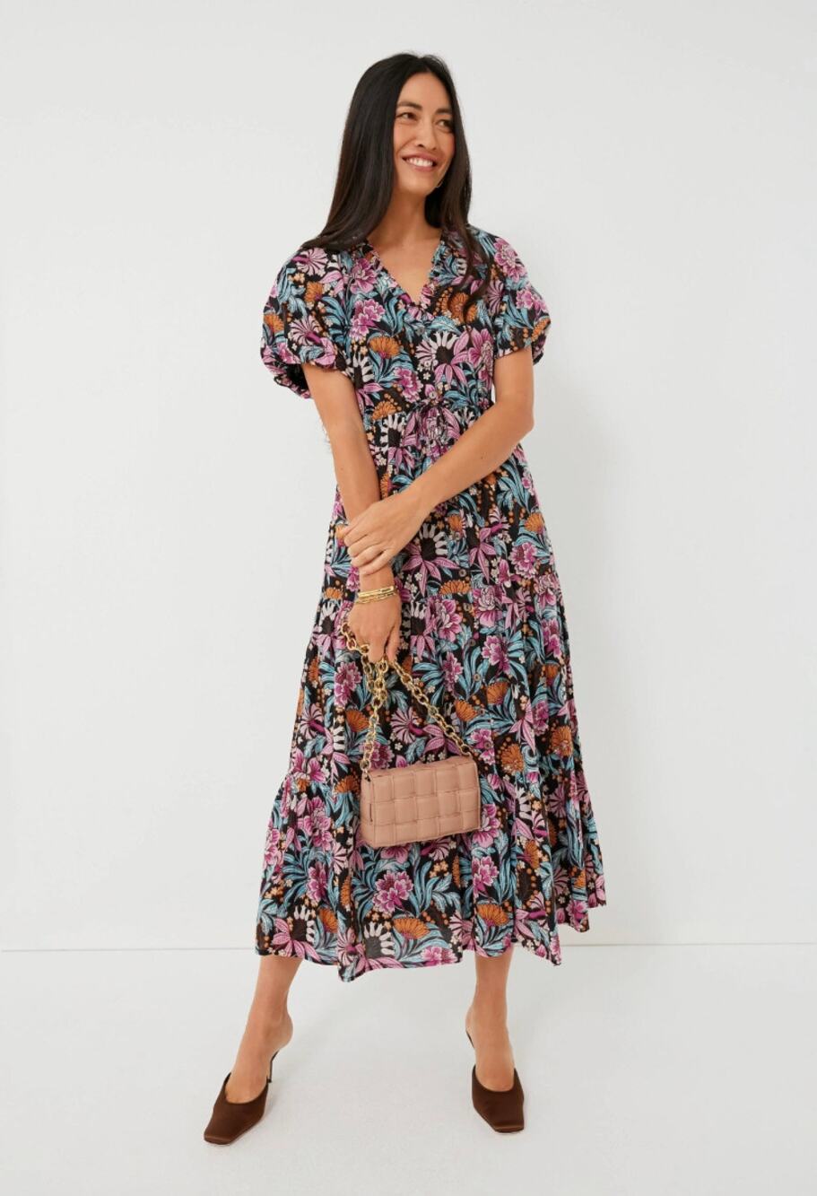 Banjanan Poppy Floral Print Organic Cotton Midi Dress Black Beauty Purple EUC